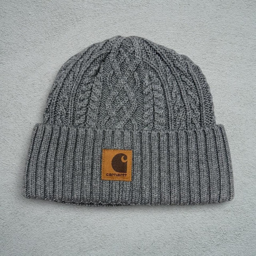 Carhartt Kids Gray Cable Knit Beanie Hat Brown Leather Logo Patch One Size
